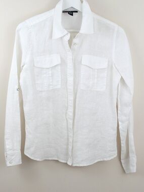 INC Linen Button Down Shirt w 2 Pockets Roll Tab Long Sleeve w/Rhinestone Button